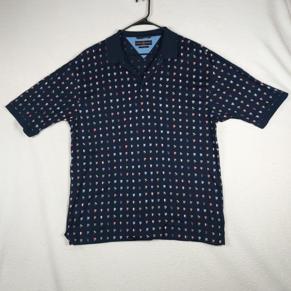 Tommy Hilfiger Golf Mens Large Medium Navy Polo Shirt Nautical Flag Print